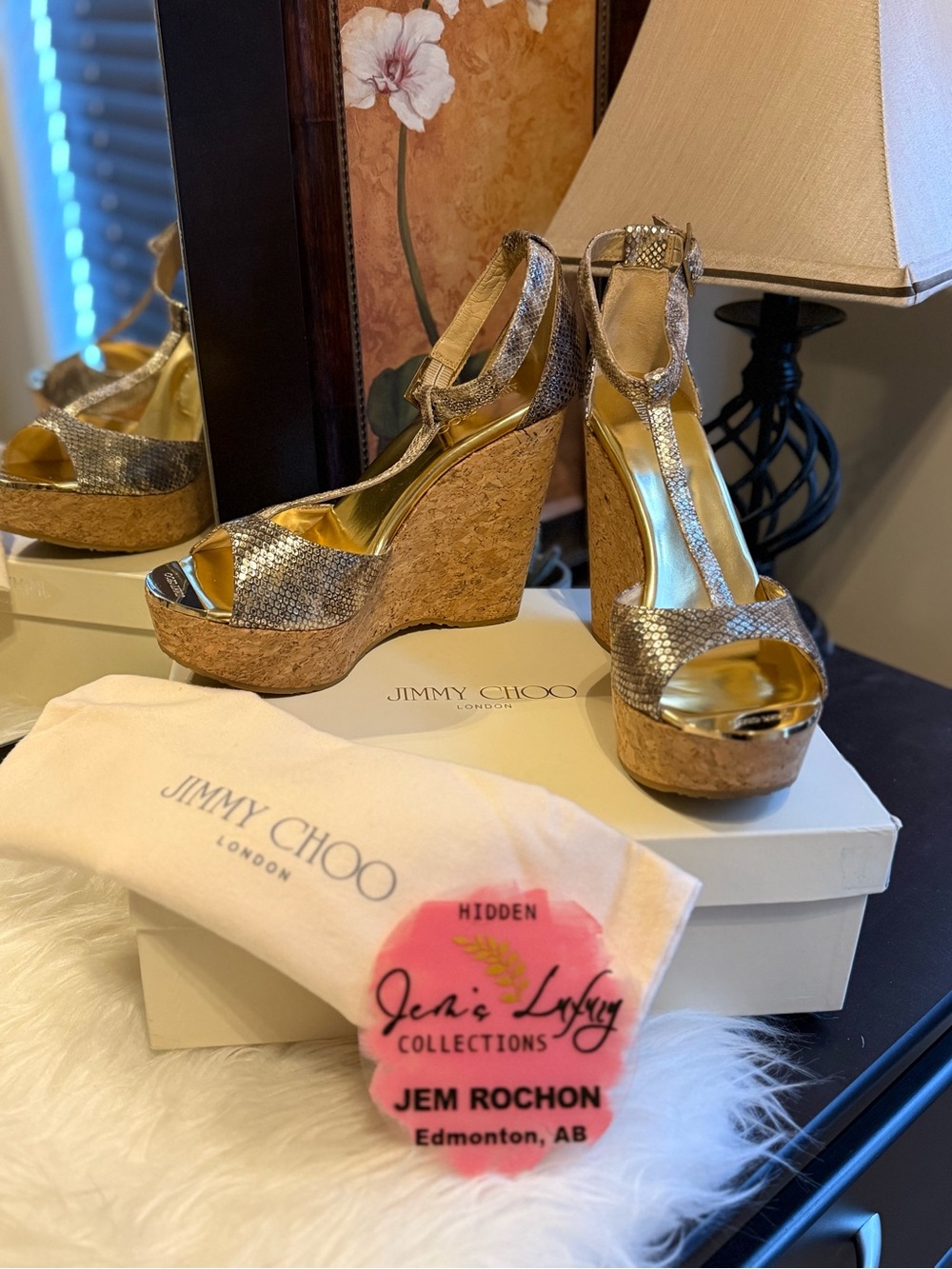 🌸Jimmy Choo Gold Metallic 134 Pela Style Cork Wedge Sandals🌸